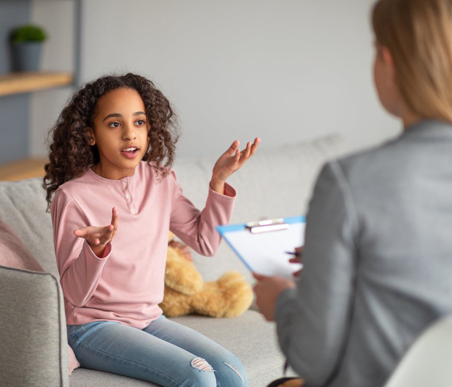 Successful teen talking to therapist, New City, NY